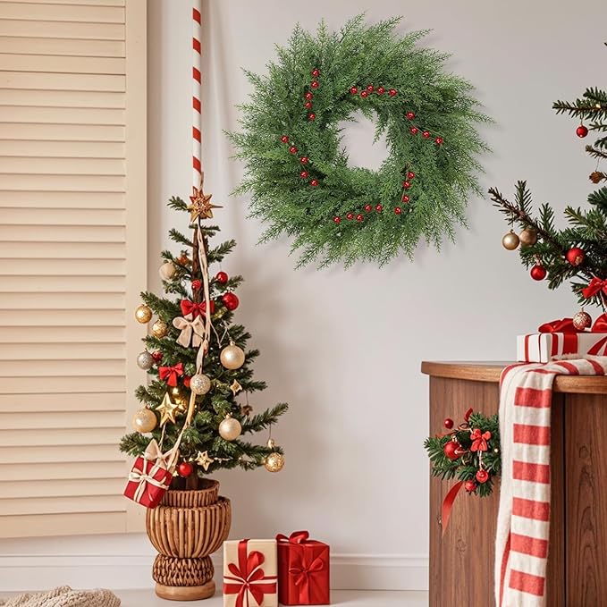 Lush Christmas Wreaths for Front Door with Red Berries Christmas Decorations 24 inch Real Touch Faux Cedar Wreath Large Winter Green Wreaths for Windows Outdoor Indoor Walls Home Xmas Holiday Decor