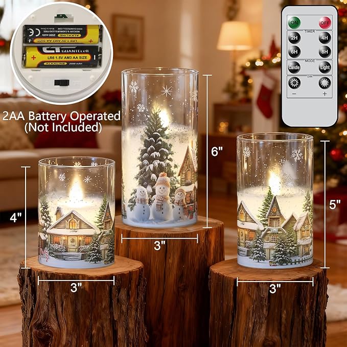 Wondise Chrismtas Snowman Glass Flameless Candles with Remote Timer, Battery Operated Real Wax LED Flickering Pillar Candles with Christmas Tree Decal for Christmas Decoration