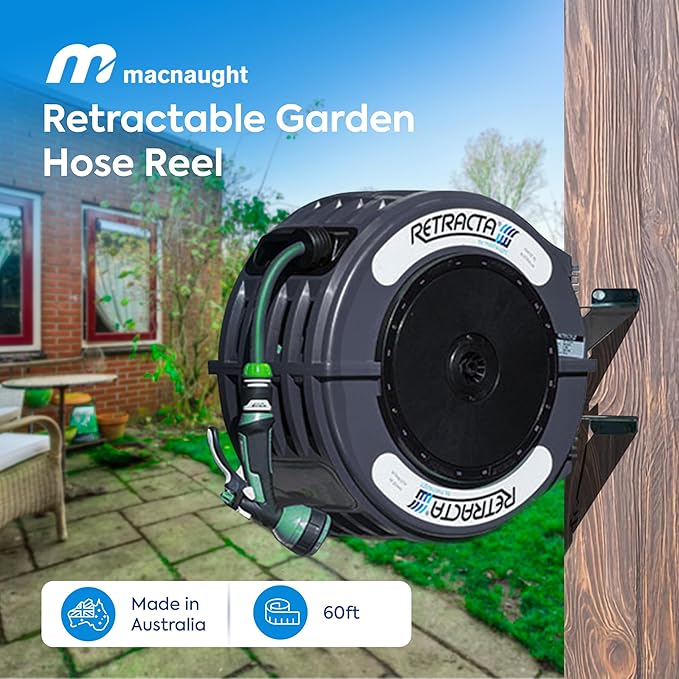 Macnaught Retractable Garden Hose Reel, 60 Ft Water Hose Reel Heavy Duty Retractable Hose with Metal 180¡Æ Swivel Rotation Bracket for Wall Mount - Gray