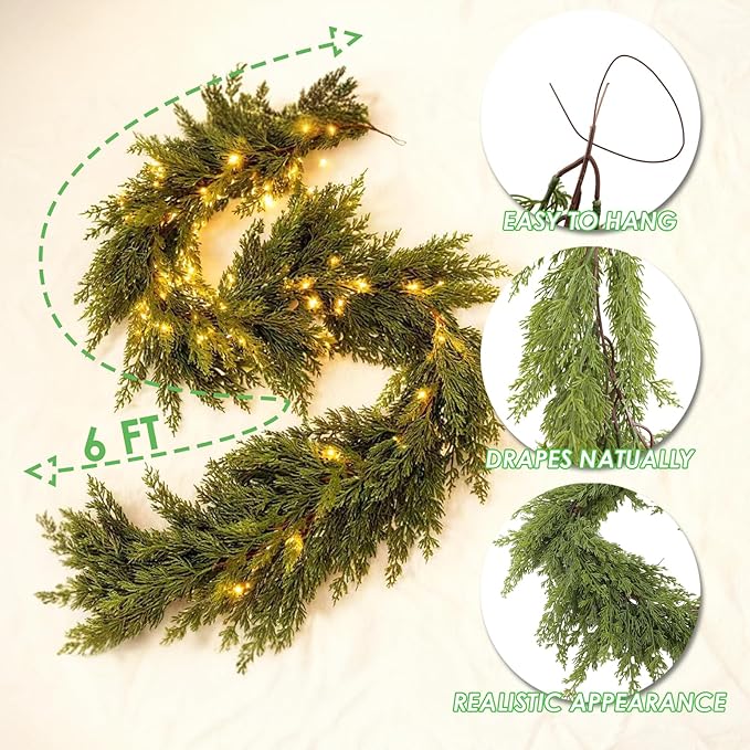 Christmas Cedar Garland with Light Mantle Decor 6ft Realistic Lighted Faux Pine Garlands for Home Decoration Indoor Stairs Railing Fireplace Outdoor 1pcs