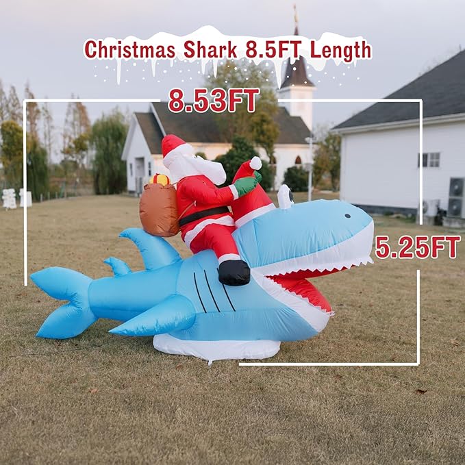 Christmas Inflatables Outdoor Decorations, 8.5 FT Funny Inflatable Santa Riding Shark, Christmas Blow Ups Yard Decor Outdoor Indoor Garden Lawn, Xmas Decor