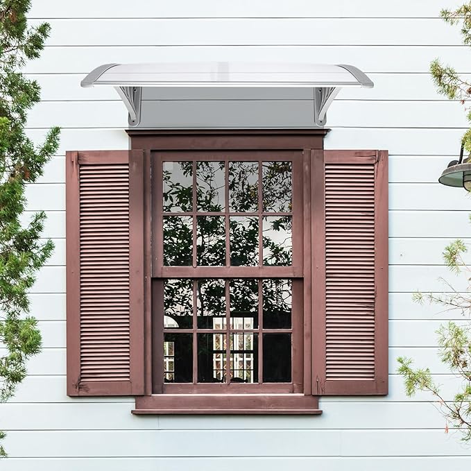 Window Awning Door Canopy Exterior- 38" x 40" Aluminum Door Awning, Polycarbonate Cover Patio Canopy Awning for House, Outside, Rain Snow & UV Resistant (Clear Board & Grey Bracket)