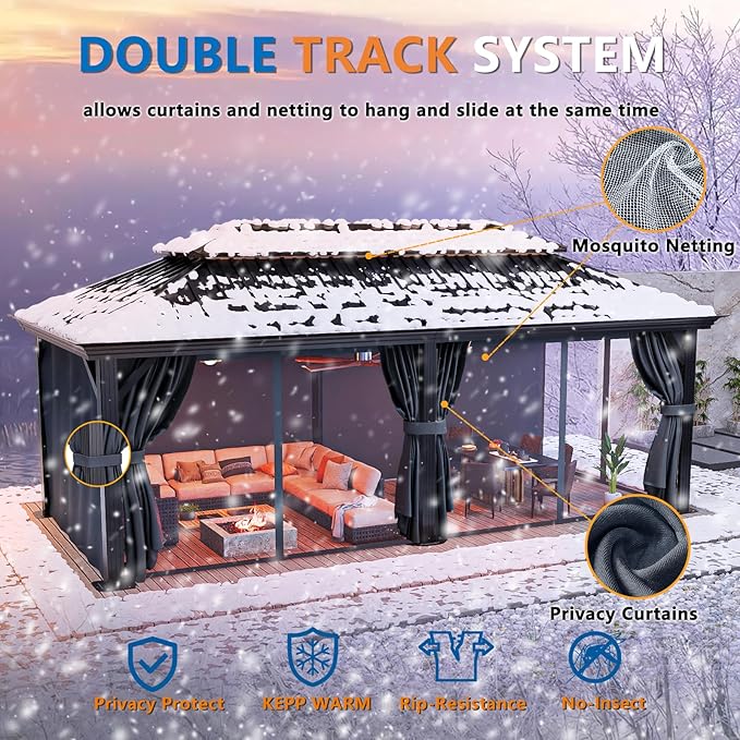 HOTEEL 12x20 Hardtop Gazebo on clearance with Metal Roof & Drainage System, Heavy Duty Galvanized Steel Gazebo with Aluminum Frame, Privacy Curtains and Netting, for All-Weather, Black (2025 Upgraded)