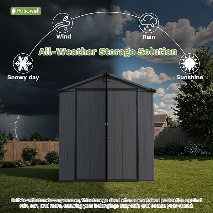 Patiowell 6X4 FT Plastic Outdoor Storage Shed with Floor, Resin Outside Tool Sheds with Window and Lockable Door for Backyard, Garden, Tool Storage Usage, Easy to Install, Dark Grey