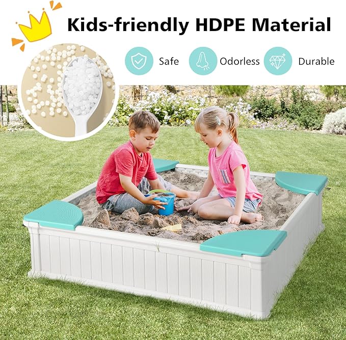 Costzon Kids Sandbox with Cover, 4ft x 4ft HDPE Sandpit with Oxford Cover, Bottom Liner, 4 Corner Seats, Weather Resistant Outdoor Sand Pit for Backyard Lawn Garden Beach (White)