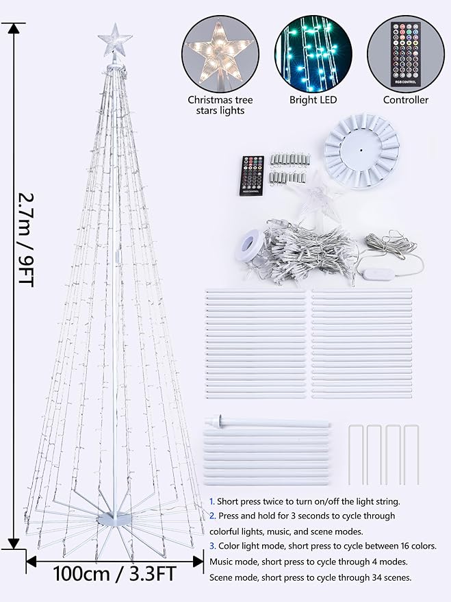Flacchi Smart Christmas Cone Tree Lights - Star Tree Topper with Removable Bracket, App Control, Sync with Music, Waterfall Colored Lights for Indoor Outdoor Xmas Decorations (8.8FT/ String Lights)