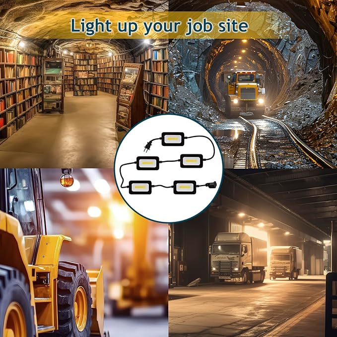 GT-Lite 50FT LED Work Light 50W 5000 Lumen Damp Rated Construction String Lights Linkable for Jobsite Lighting, 5000k Daylight White, ETL Listed (5 Light Heads)