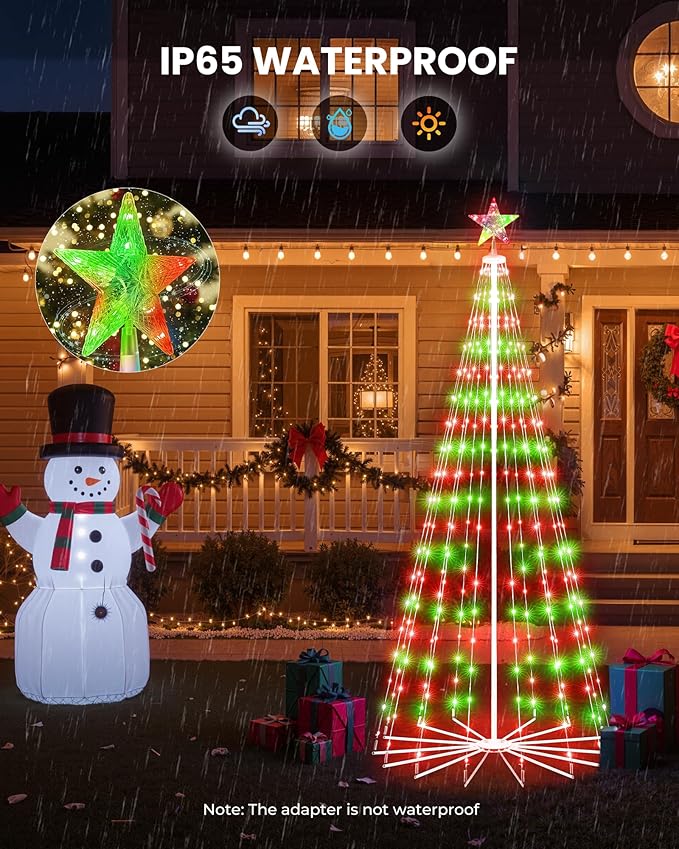 Christmas Cone Tree Light, 7ft 295 LED Light Show Christmas Tree with 8 Modes Timer Remote, Dimmable Artificial Christmas Tree for Porch Yard Patio Indoor Outdoor Xmas Holiday Decor, Red & Green