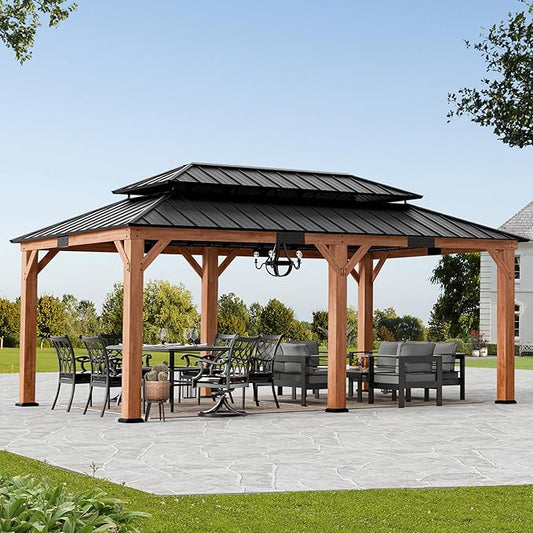 Modern Shade Rosewood Wood Gazebo 12' x 20', Cedar Framed Grill Gazebo with Double Galvanized Steel Roof, Permanent Hardtop Pavilion with Sturdy Hooks for Garden, Backyard, Patio, and Deck