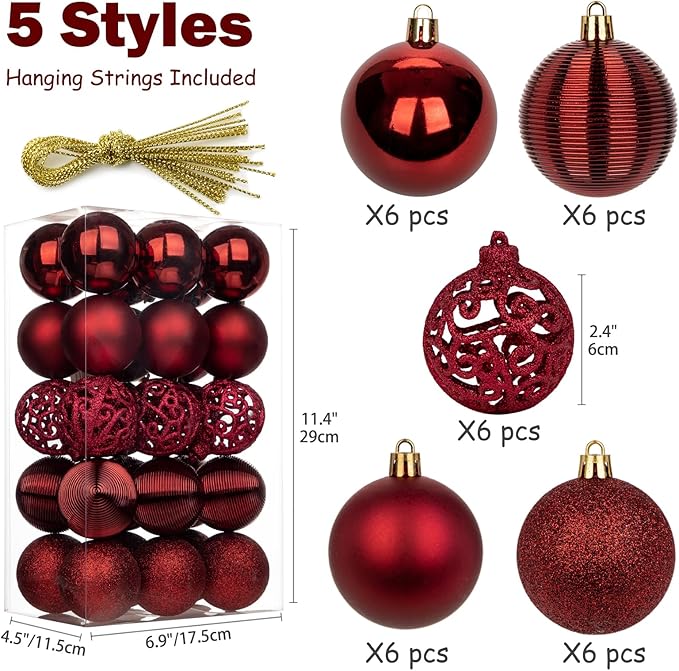 30PCS 2.36" Christmas Ball Ornaments Shatterproof Burgundy Christmas Tree Decorations Xmas Tree Balls Halloween Ornaments Décor