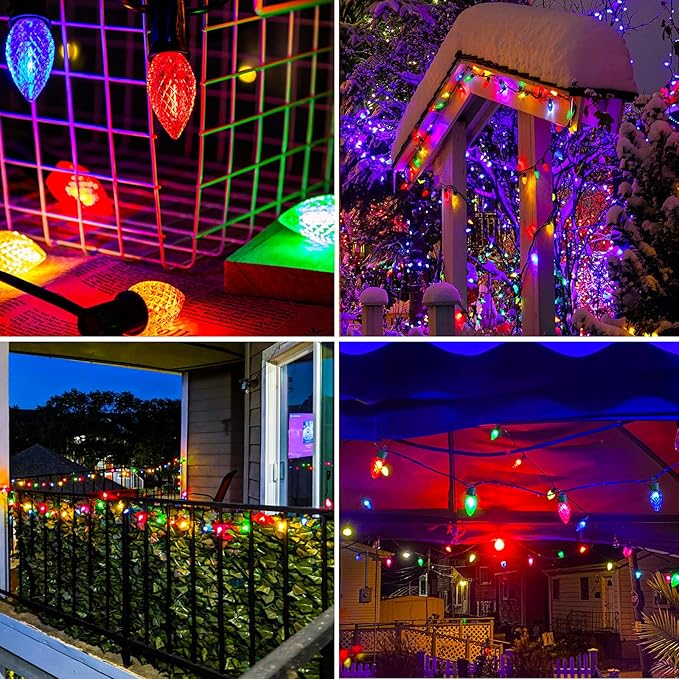 kolpop C9 LED Christmas Lights Outdoor, 50FT String Lights with Remote Control & Timer, 8 Modes Waterproof Large Bulb Strawberry String Lights for Tree House Roof Party Decor (Warm & Multicolor)