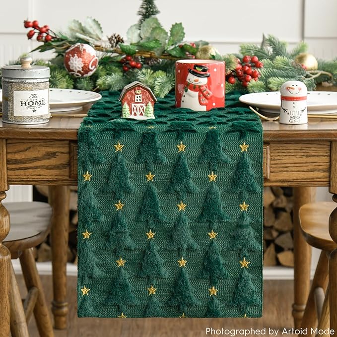Artoid Mode Christmas Trees Stars Green Soft Plush Faux Fur Jacquard Christmas Table Runner, Holiday Dining Table Decoration for Home Party Decor 13x72 Inch