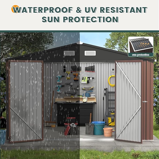 UDPATIO Outdoor Storage Shed 10x10 FT, Outside Sheds & Outdoor Storage Metal Galvanized Steel Yard, Lawn, with Lockable Door for Can, Bike, Lawnmower,Dark Brown
