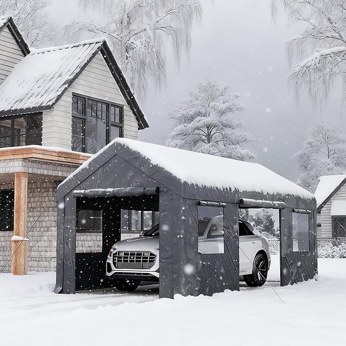 10x20ft Heavy Duty Carport, Reinforced Frame, Weatherproof Canopy with Roll-up Ventilated Windows & Sidewalls, Easy Assembly Portable Car Shelter for Garage/Storage/Party
