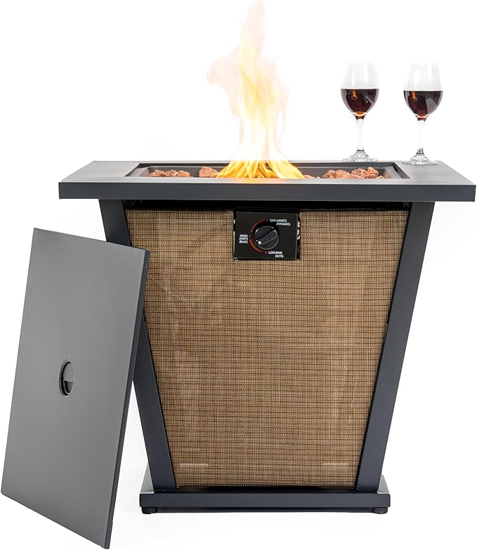 28'' Propane Fire Pit Table, 50,000 BTU Fire Table with Steel Lid, Big V-Shape Legs, Laval Rocks.