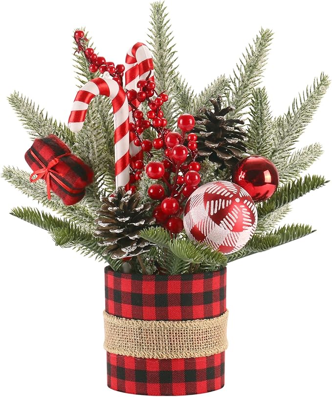 Super Holiday Small Winter Buffalo Check Plaid Christmas Tree, Artificial Mini Tabletop Christmas Tree Decorations with Xmas Ornaments, for Home Party Thankgivings Decor, Red/Black-Indoor