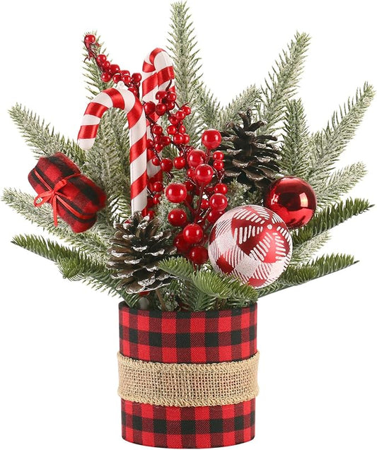 Super Holiday Small Winter Buffalo Check Plaid Christmas Tree, Artificial Mini Tabletop Christmas Tree Decorations with Xmas Ornaments, for Home Party Thankgivings Decor, Red/Black-Indoor