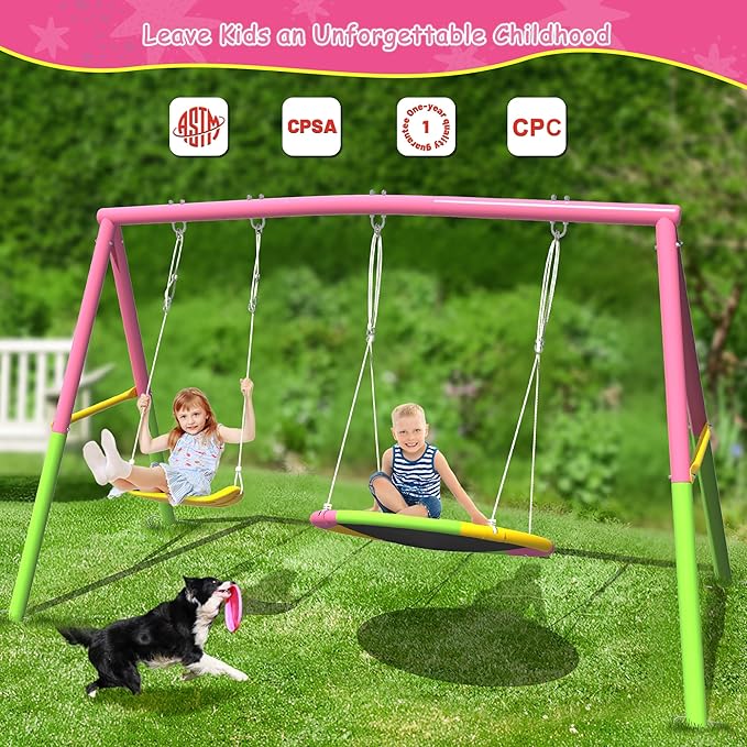 440lbs Swing Set for Backyard with Stand, Swing Heavy Duty Metal Outdoor Swing Stand, Contain 1 Saucer 32 & 1 Belt seat 26.2 for Playground and Backyard Playset, Adjustable Rope (Pink)