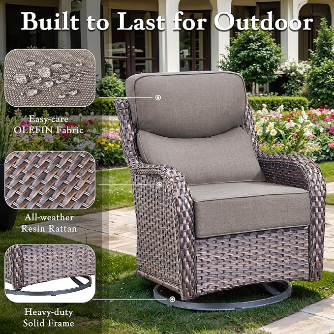 Luxury Outdoor Swivel Rocker Patio Chairs, High Back Swivel Patio Chairs with Side Table & 6-Inch Thick Cushions, Wicker Outdoor Bistro Set for Porch, Yard, Deck, Poolside, Brown/Grey