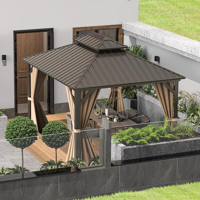 Domi 10'x12' Hardtop Gazebo Canopy,Outdoor Metal Gazebo with Galvanized Steel Double Roof,Curtain and Netting,Permanent Pavilion for Patio Deck,Backyard