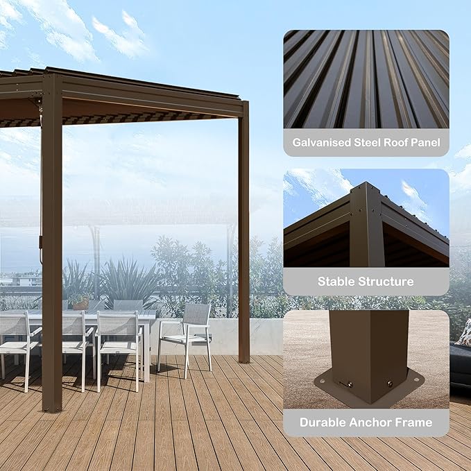 10’ x 20’ Louvered Pergola, Outdoor Pergola Aluminum Frame with Adjustable Rainproof Metal Roof, Permanent Sun Shade with Drainage System for Backyard, Garden and Lawn (Dark Brown)