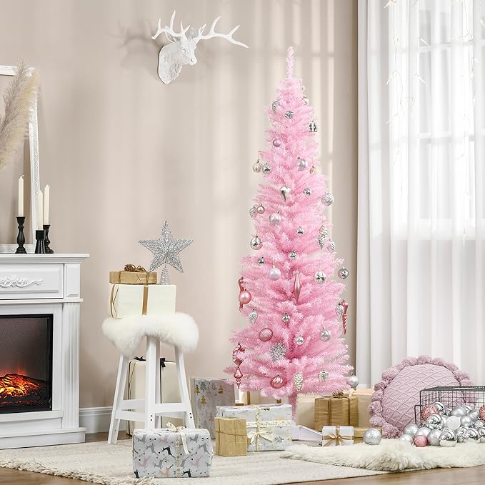 HOMCOM 6' Artificial Pencil Christmas Tree, Slim Xmas Tree with 390 Realistic Branch Tips and Plastic Stand, Pink