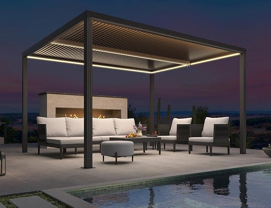 PURPLE LEAF LED Louvered Pergola 94AS 11'x 13' Full Aluminum Frame and Adjustable Roof Integrated Strip Lights for Outdoor Deck Garden Patio Gray Hardtop Gazebo Pergola