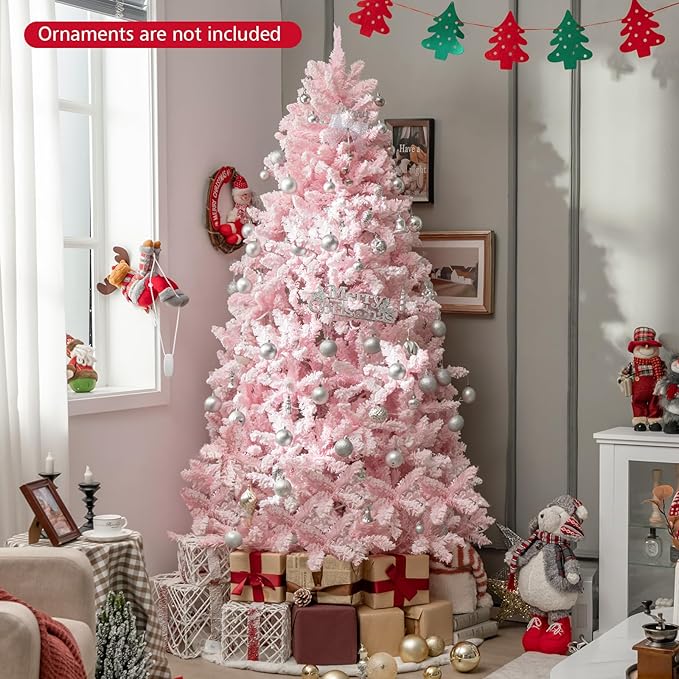 GOFLAME 7FT Pre-Lit Artificial Christmas Tree Snow Flocked, Hinged Xmas Tree with 1200 PVC Branch Tips, 500 LED Lights & 8 Lighting Modes, Holiday Decoration Tree for Home, Office, Party, Pink