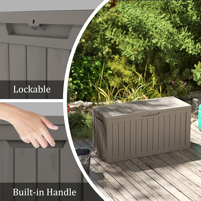 Mersco 72 Gallon Double-Wall Resin Deck Box - Lockable Waterproof Outdoor Storage Box, 515lbs Capacity & Doubles as Seating for Patio Furniture - Garden Tools, Pool Accessories (Grey)