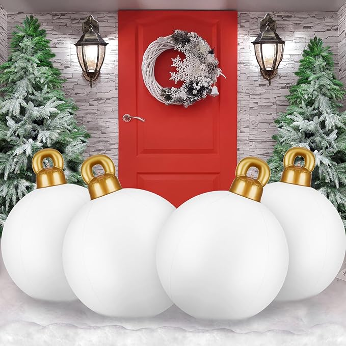 Jetec 4 Pcs Giant Inflatable Christmas Ball Large Xmas Inflatable Ornaments PVC Outdoor Holiday Blow Ball Outside Yard Lawn Porch Decorations (Solid,White)