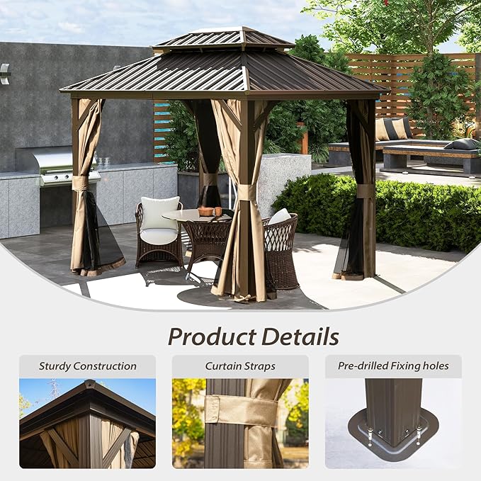 Domi 8’ X 8’ Hardtop Gazebo Canopy with Netting & Curtains, Outdoor Gazebo with Galvanized Steel Double Roof for Patio Lawn and Garden, Brown
