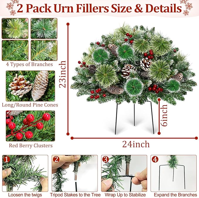 Set of 2 24" Christmas Tree Urn Filler, Prelit 8 Mode Timer 40 LED Lights Xmas Flocked Tree for Porch Driveway Yard