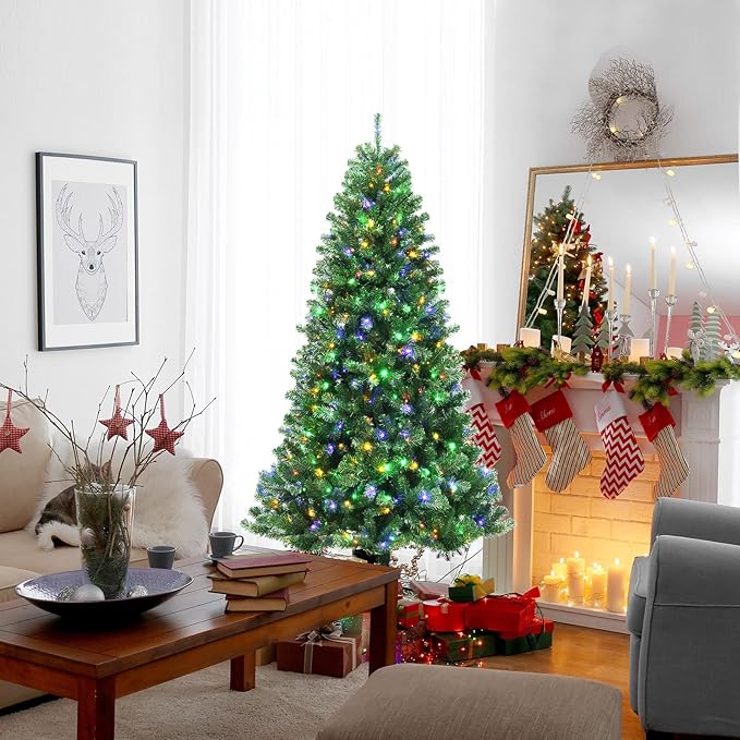 GOFLAME 6ft Artificial Christmas Tree, Pre-lit Xmas Tree 9 Lighting Modes w/ 845 PVC Branch Tips & 350 Color-Changing LED Lights, Holiday Festival Decoration Tree with Remote Control and Metal Stand