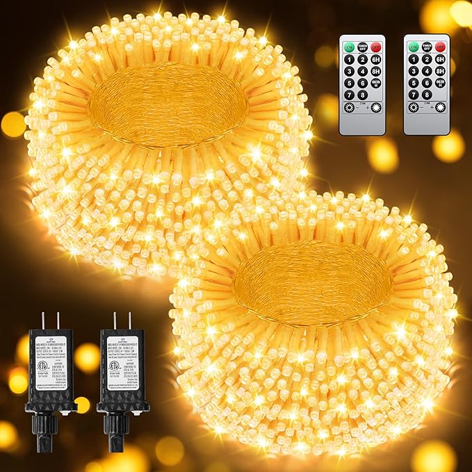 Warm White Christmas Lights Outdoor Total 710FT 1800 LED , 2 Packs 900 LED Outdoor String Waterproof, Timer & Memory, 8 Modes Dimmable Plug in Fairy for Outside Tree Holiday Party Wedding Decor