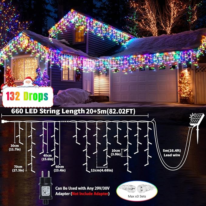 Solar Christmas Lights Outdoor, 66+16Ft 660LED Multicolor & Cool White Dual Color Changing Icicle Lights 2400mAH Connectable Rechargeable Dimmable Remote 8 Modes for Xmas House Roof Holiday Party
