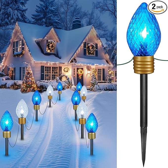 Minetom Strawberry C9 Christmas Jumbo Lights - 2 Pack 10.5 Feet 5 Light Christmas Pathway Lights Outdoor C7 Light Covered Jumbo Bulb Decorations for Lawn Garden Outside, Blue ＆ Cool White