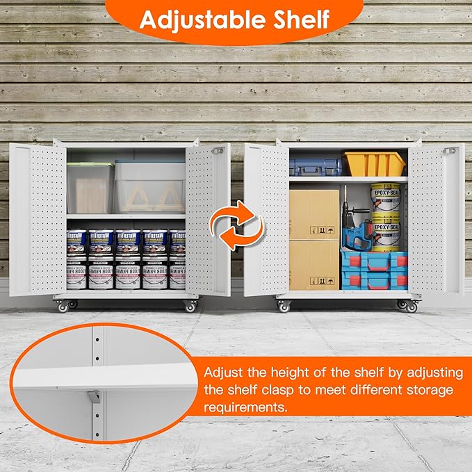 Aobabo Metal Garage Storage Cabinet on Wheels,2 Doors Storage Cabinet with Wheels for Garage,Assembly Required,White