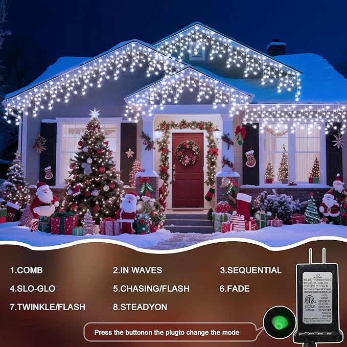 32 Ft Ice Lights for Outside, 400 LED Christmas Lights Outdoor Plug in, Christmas String Lights with 12 Modes & Timer for Holiday, Party, Wedding, House, Patio, Outdoor Decor(Cool White)
