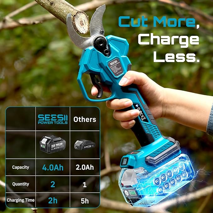 Seesii Electric Pruning Shears for Gardening: 1.8¡± Cutting Cordless Power Pruner - Brushless Motor, Dual 4.0Ah Battery, 4 Levels Adjustable Extra SK5 Blade Branches Cutter For Tree & Flower Trimming