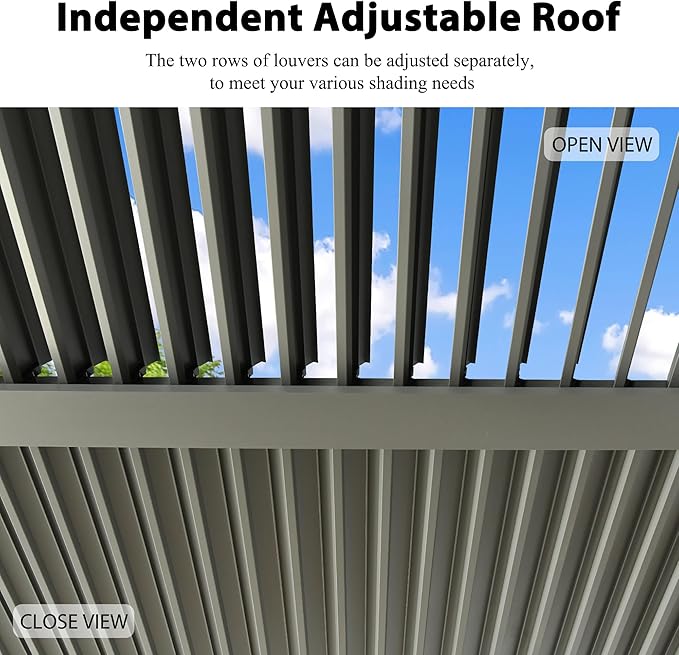 Domi 12x16FT Louvered Pergola, Full Aluminum Pergola with Adjustable Louvered Roof, Outdoor Pergola with Waterproof Curtains and Netting, Gray