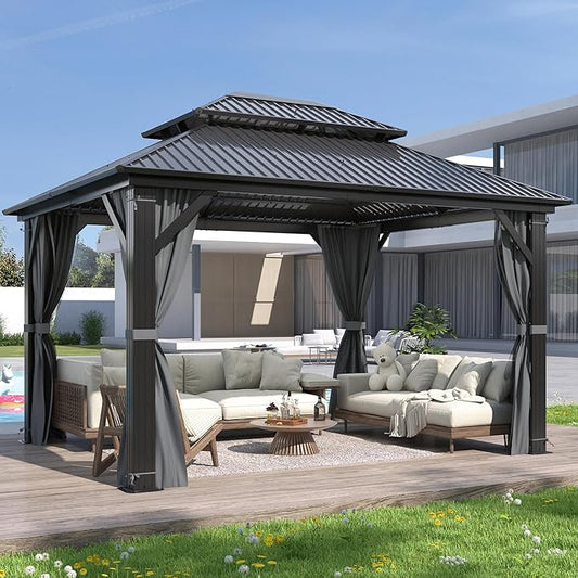 GARTOO 10'x12' Outdoor Hardtop Gazebo with Double Roof - Heavy-Duty Steel Top Aluminum Frame Gazebo with Breathable Netting & Privacy Curtain for Patio, Porch, Garden, Lawn, Deck, Backyard