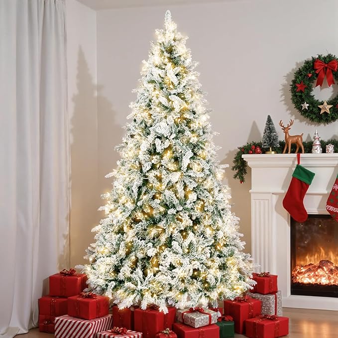 HOTEAGLE 7.5FT Prelit Artificial Christmas Tree, Snow - Dusted Pencil Tree with 400 UL Listed Multicolored Lights for Indoor Home & Office Christmas Decoration (50 * 50 * 90in)