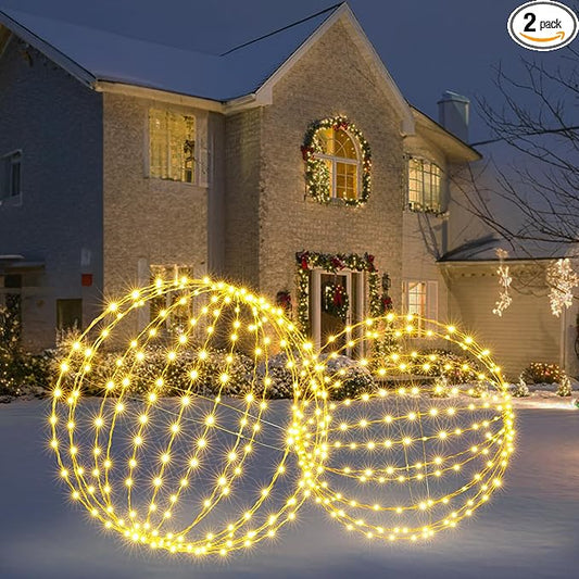 Joomer 2 Pack Christmas Big Ball Lights, 20IN & 18IN Foldable Metal Sphere Lights Waterproof with Timer, Plug-in Hanging Tree Globe Light for Christmas Decorations-Warm White (Non-connectable)