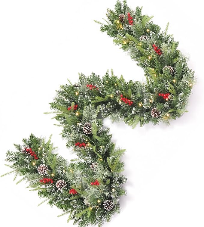 9FT Prelit Christmas Garland Decorations White Light, Snow Xmas Garland with Lights, Pulg in, for Outdoor Indoor, Home Decoration Mantle Stairs Railing Fireplace Outdoor Indoor Door