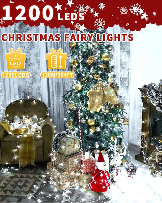 Christmas Lights String Outdoor Indoor, 1200 LED 403FT Cold White Xmas Tree Decorations Lights, Plug in Twinkle Fairy Light with Remote Timer Dimmable for Room Yard Holiday Party Wedding Camping Decor