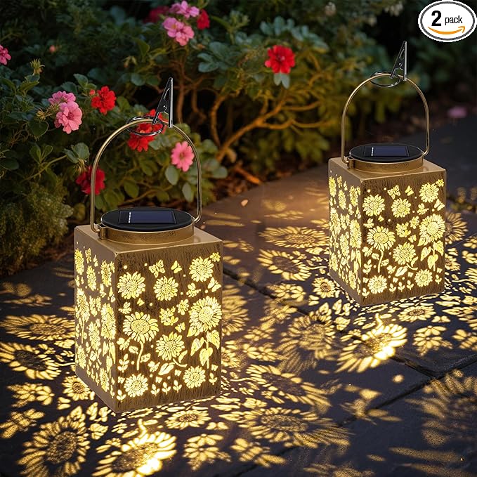2 Pack Solar Lanterns - Waterproof Metal Hanging Solar Lights Outdoor Decorative, Solar Powered LED Lamp for Patio Tabletop Porch Deck Yard Garden Decor for Outside (Sunflower)