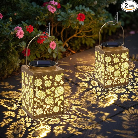 2 Pack Solar Lanterns - Waterproof Metal Hanging Solar Lights Outdoor Decorative, Solar Powered LED Lamp for Patio Tabletop Porch Deck Yard Garden Decor for Outside (Sunflower)
