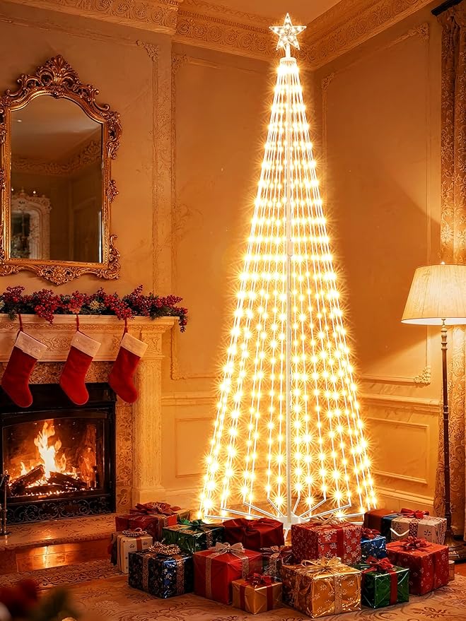 Flacchi Smart Christmas Cone Tree Lights - Star Tree Topper with Removable Bracket, App Control, Sync with Music, Waterfall Colored Lights for Indoor Outdoor Xmas Decorations (9.8FT/ Rope Lights)
