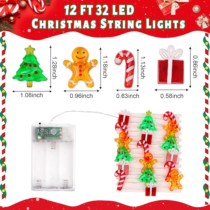 Christmas Lights Battery Operated 12FT 32 LED Xmas Tree Gingerbread Man Candy Cane Gift Box Xmas String Lights, Christmas Fairy Lights for Tree Light Decorations Table Home Indoor Holiday Decor
