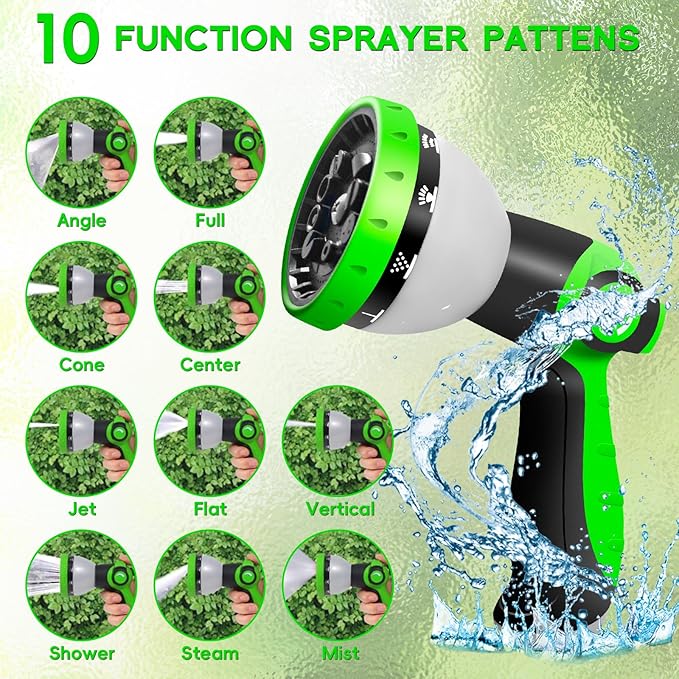 Garden Hose 50 FT, NON-EXPANDABLE Heavy-Duty Flexible & Lightweight Water Hose with 10-Function Nozzle, No-Kink Design, Leak-Proof Super Fabric, Solid Fittings for Lawn, Car, RV